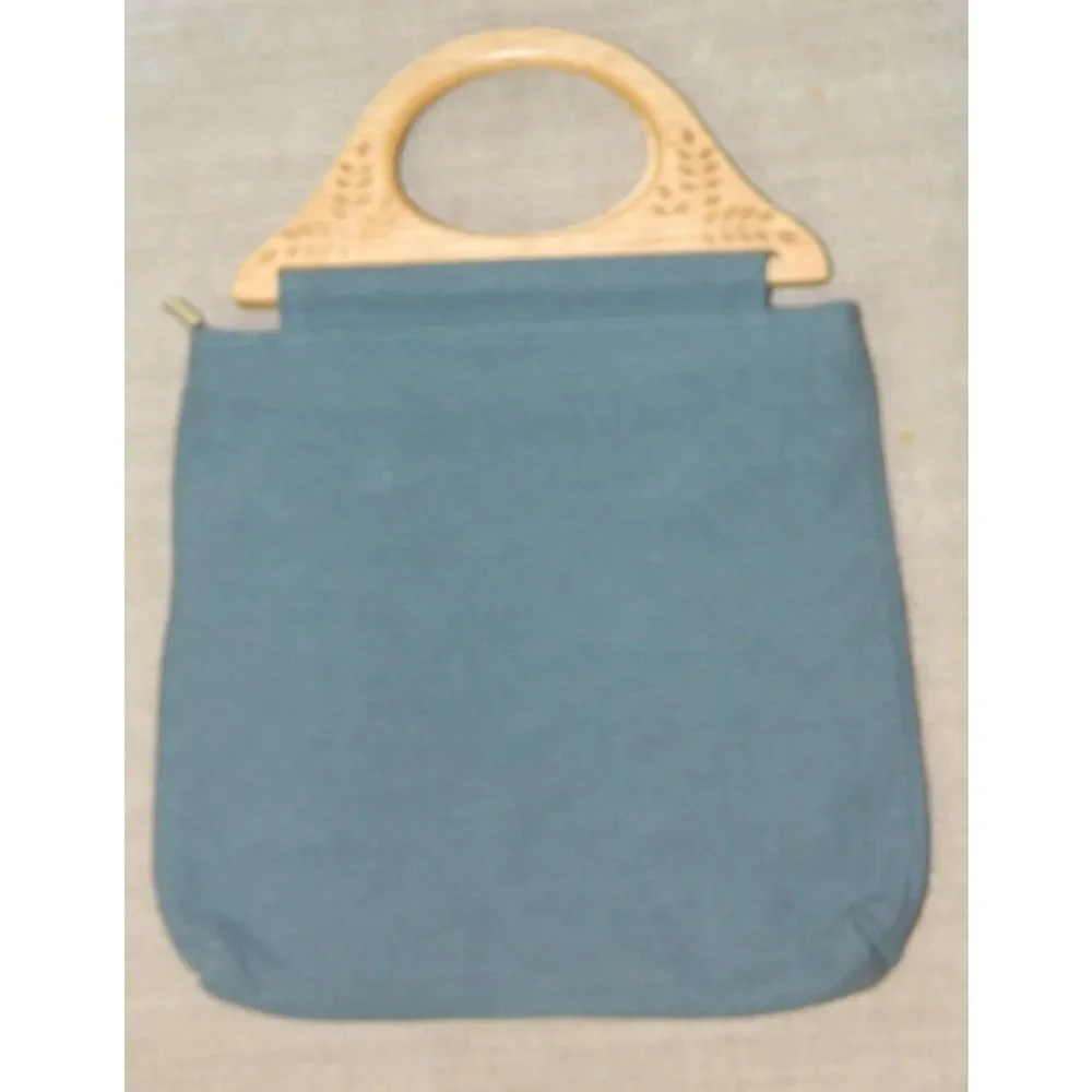 Vintage Blue Green Purse Wood Handles Pink Green‎ Floral Embroidery